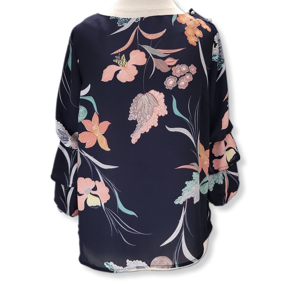 Monteau Blouse Womens L Multi-Color Floral Boat Neck 3/4 Ruffle Balloon Sleeve